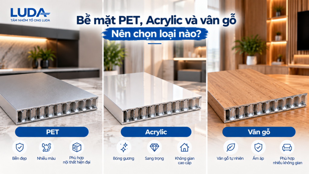 Bề mặt PET, Acrylic và vân gỗ: Nên chọn loại nào? So sanh be mat tam nhom to ong LUDA